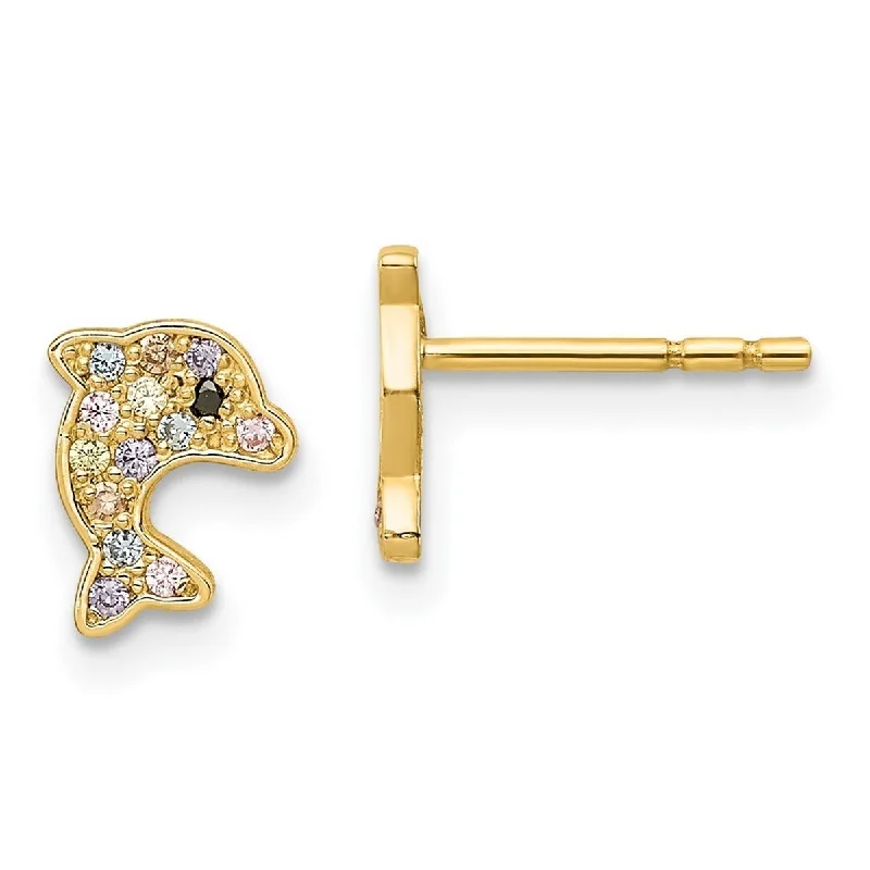 Curata 14k Yellow Gold Multi colored CZ Cubic Zirconia Dolphin Post Earrings - 7.4mm long