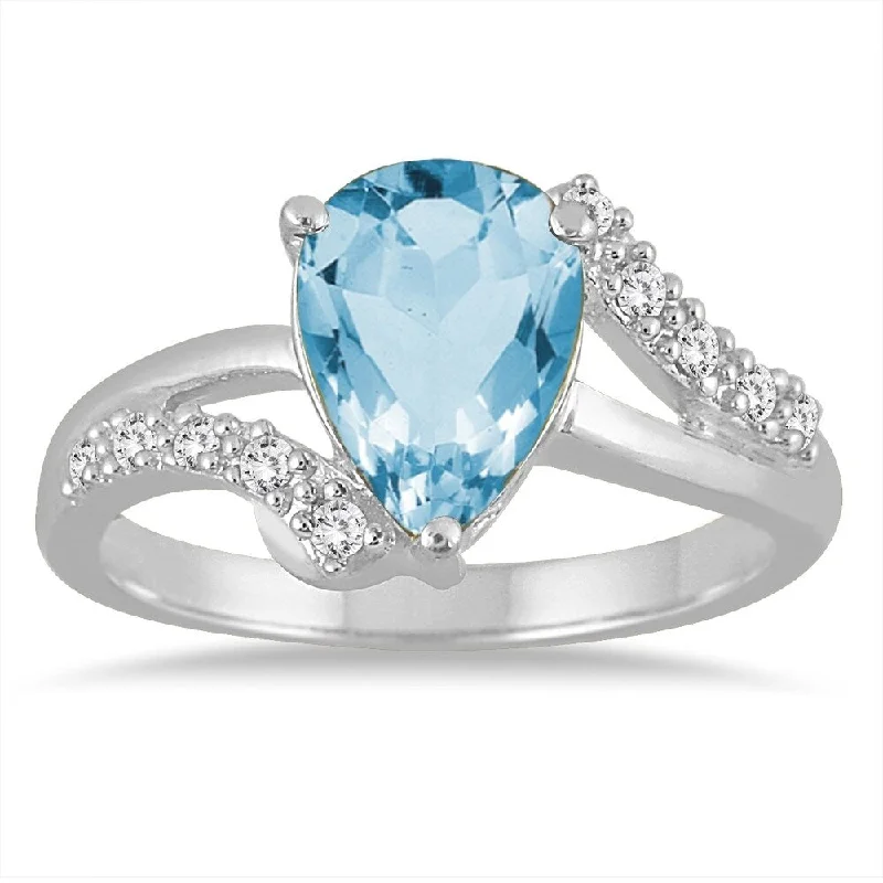 2 Carat Pear Shape Blue Topaz and Diamond Ring in 10K White Gold