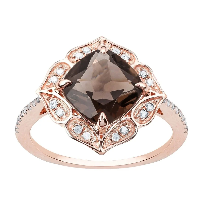 Viducci 10k Rose Gold Vintage Style Smoky Quartz and Diamond Ring