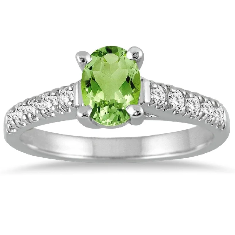 1 Carat Oval Peridot and Diamond Ring in 14K White Gold