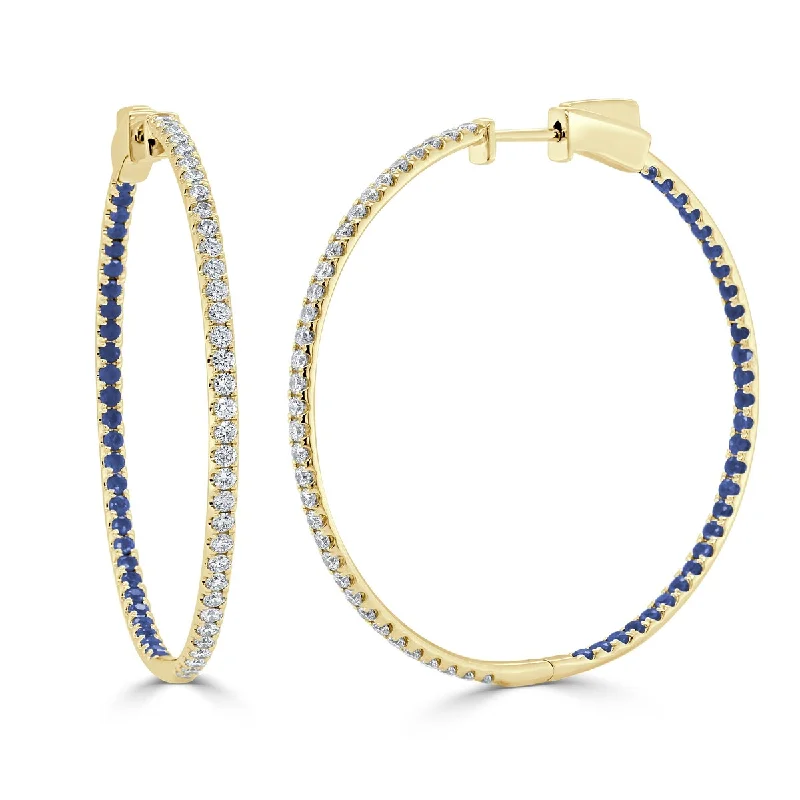 Joelle Sapphire & Diamond Hoop Earrings 14K Gold 1.75 inches