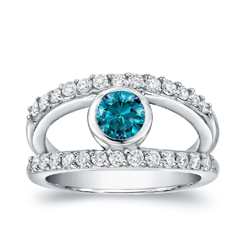 Auriya Modern Wide Split Shank Bezel Set Blue Diamond Ring 1ct TDW 14k White Gold