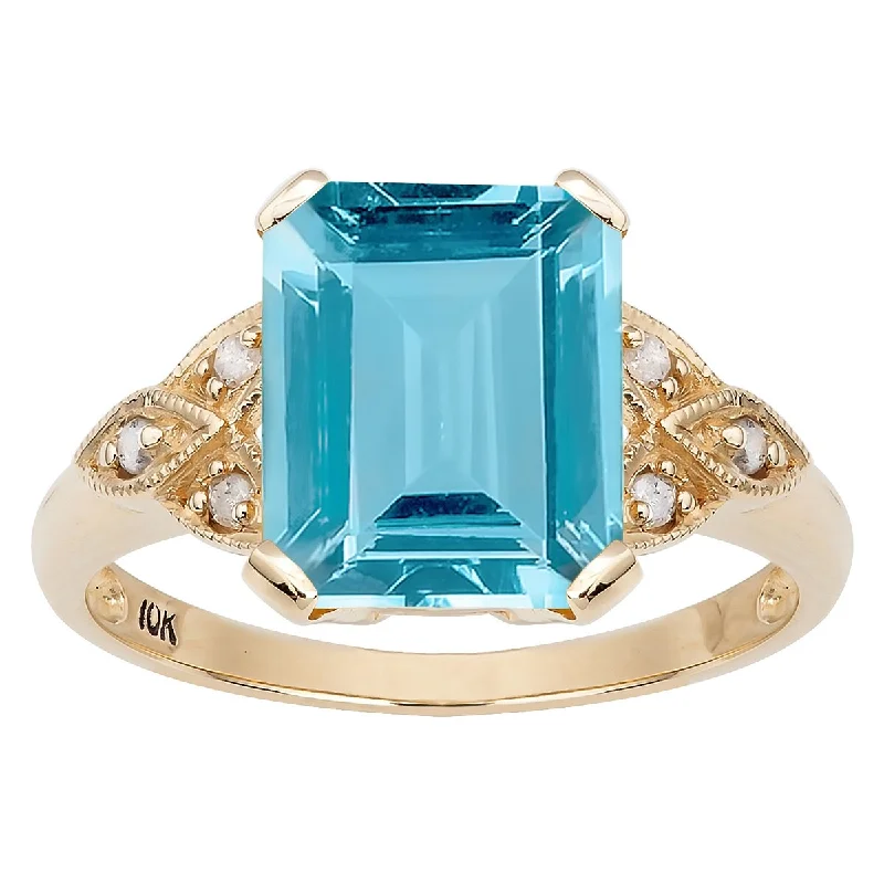 Viducci 10k Yellow Gold Vintage Style Genuine Blue Topaz and Diamond Ring