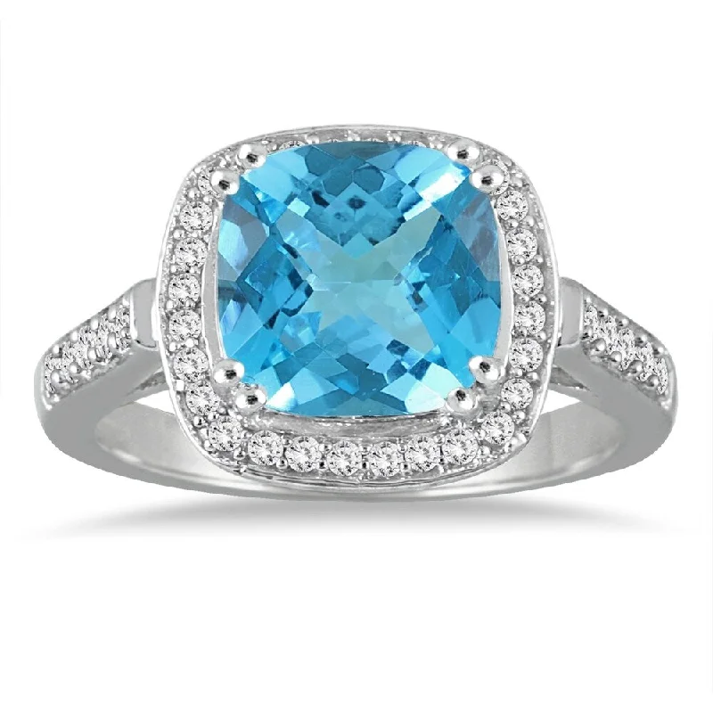 3 1/2 Carat Cushion Cut Blue Topaz and Diamond Ring in 14K White Gold