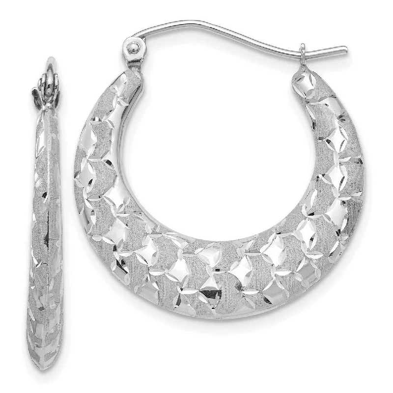 Curata 14k White Gold 26x4mm Satin and Diamond Cut Crescent Hoop Earrings