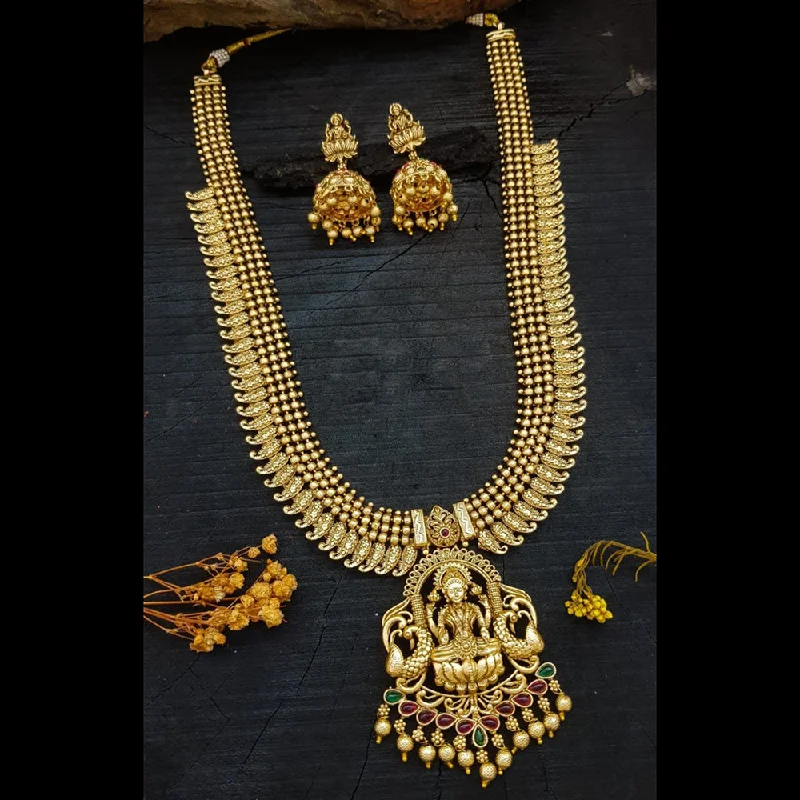 Sangita Creation  Copper Gold  Pota Stone Temple Long  Necklace Set