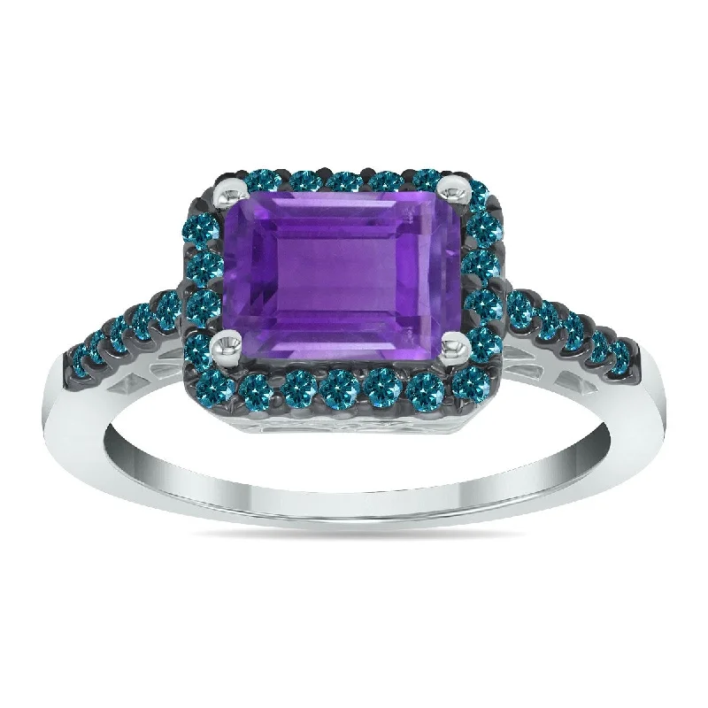 Marquee Jewels 2 1/2 Carat Emerald Cut Amethyst and 1/3 CTW Blue Diamond Ring in 10K White Gold