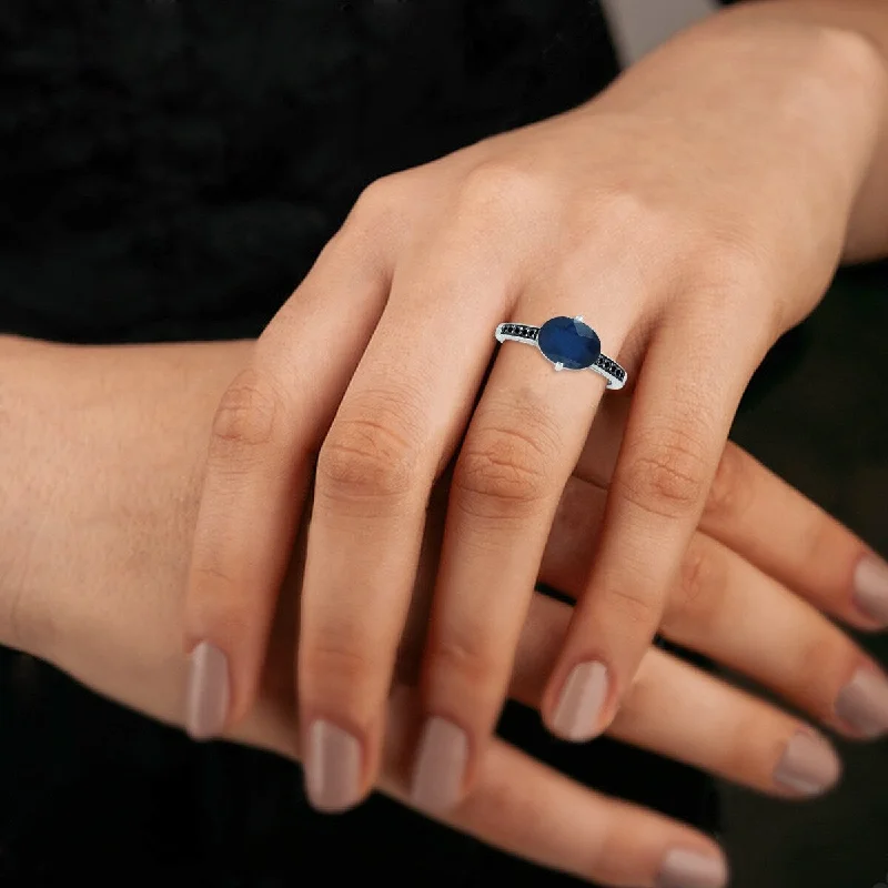 Marquee Jewels Sapphire and Black Diamond Ring in 10K White Gold