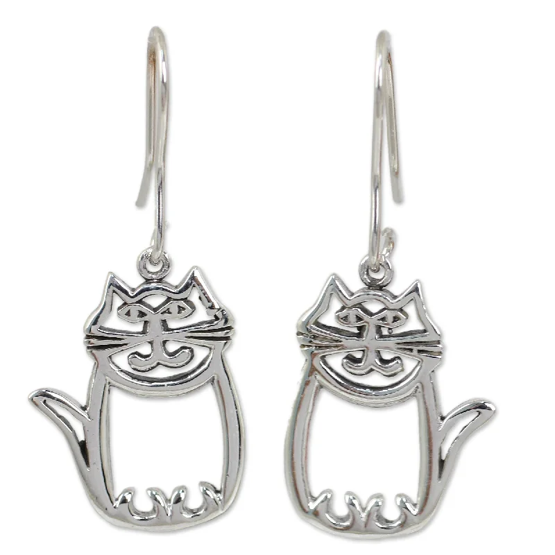 Sterling Silver 'Whimsical Cat' Earrings (Thailand)