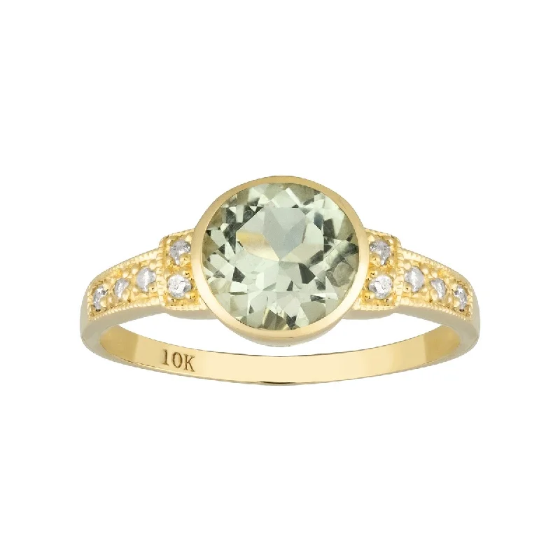 Viducci 10k Yellow Gold Vintage Style Genuine Round Green Amethyst and Diamond Ring