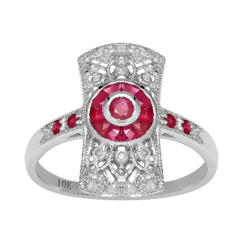 Viducci 10k White Gold Antique Vintage Style Genuine Ruby and Diamond Ring