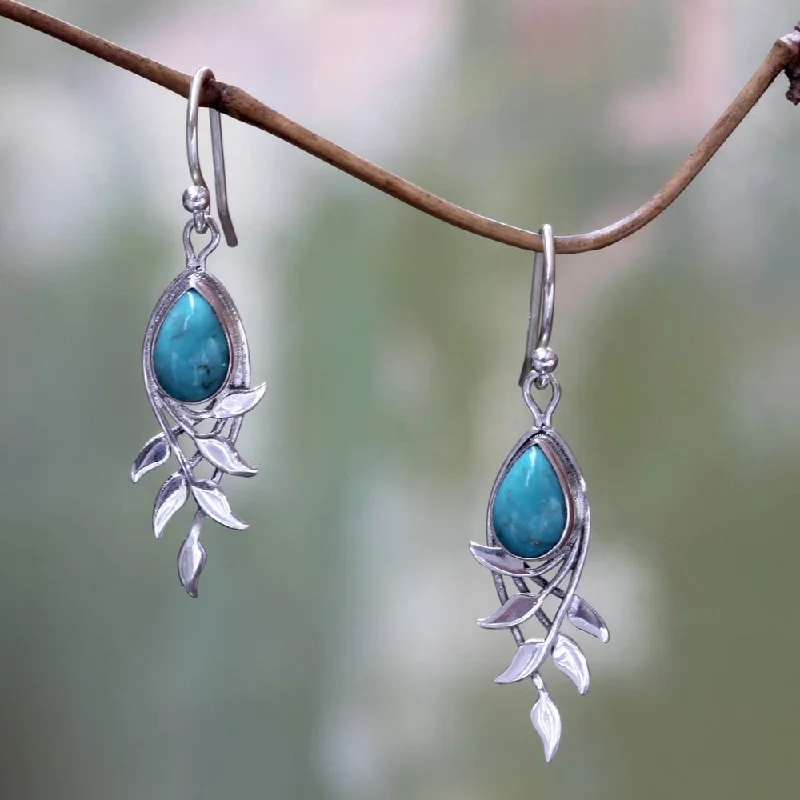 Handcrafted Sterling Silver 'Balinese Bay Leaf' Turquoise Earrings (Indonesia) - 1.6L*0.4W