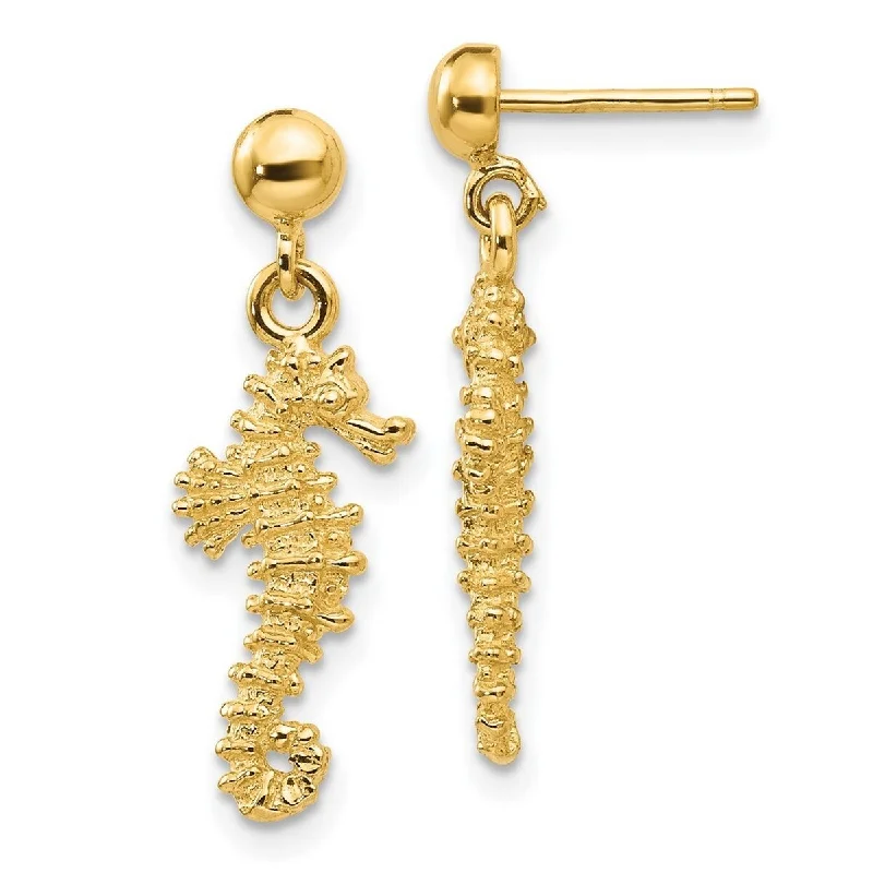 Curata 14k Yellow Gold 24x8mm Textured Sea Horse Long Drop Dangle Earrings