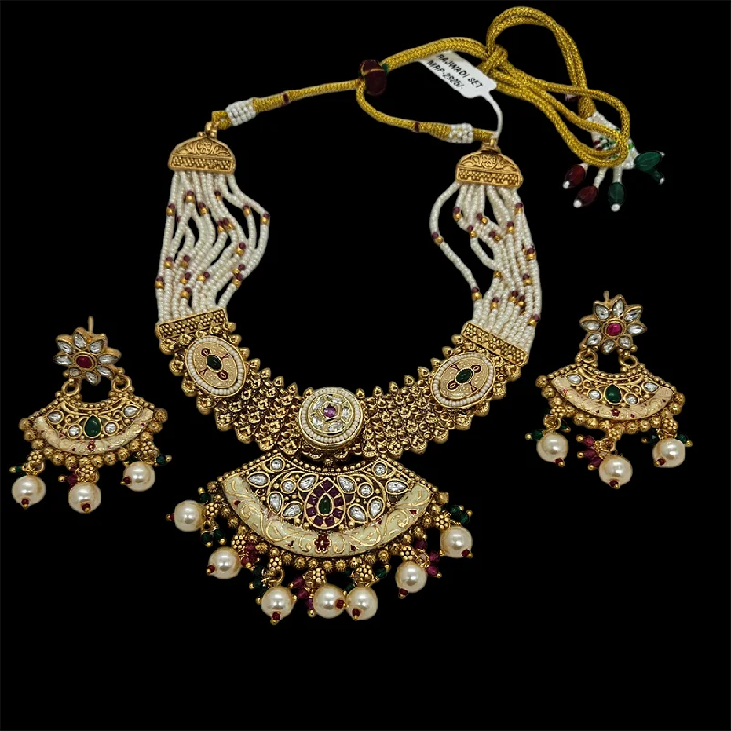 Nakoda Jewels Brass Copper Gold Plated Pota Stone And Pearls Necklace Set