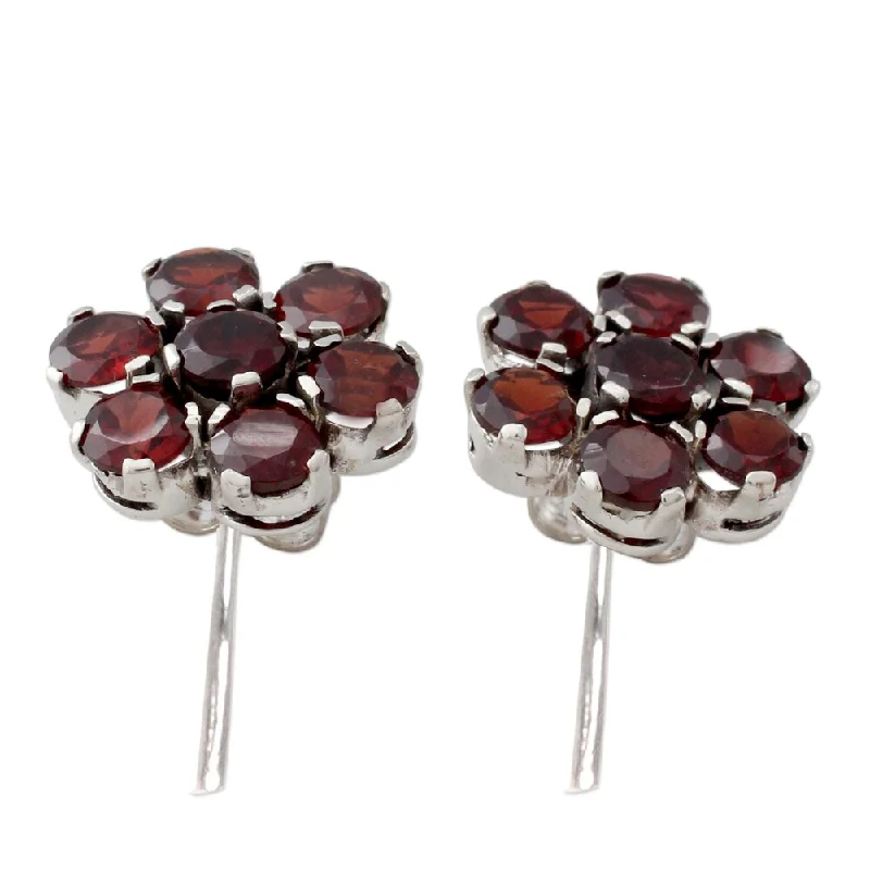 NOVICA Garnet Button Earrings, 'Romantic Blossom' (India) - 0.7*0.7