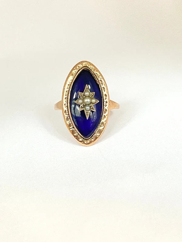 9ct Gold, Georgian, Blue Enamel and Pearl Star Navette Ring