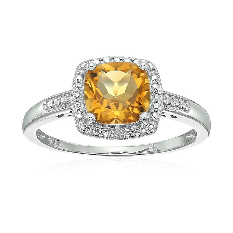 Sterling Silver Cushion Citrine and Diamond Ring - Yellow