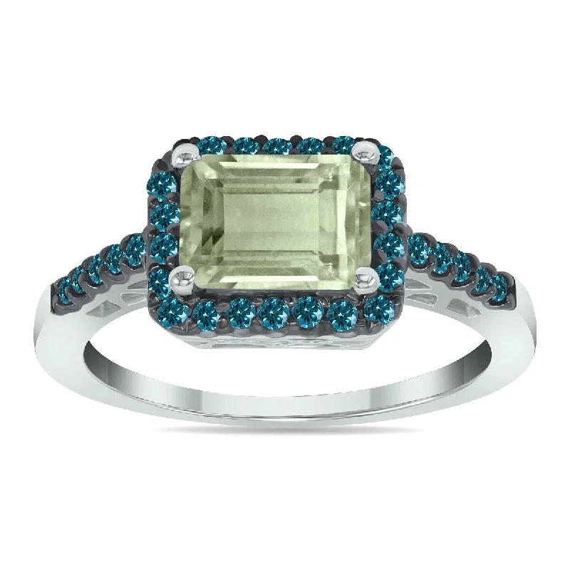 Marquee Jewels 2 1/2 Carat Emerald Cut Green Amethyst and 1/3 CTW Blue Diamond Ring in 10K White Gold