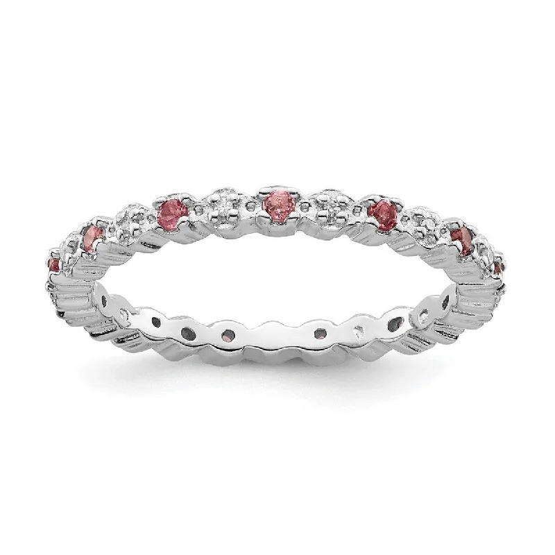 Curata 925 Sterling Silver Polished Prong set Stackable Expressions Pink Tourm. and Diamond Ring