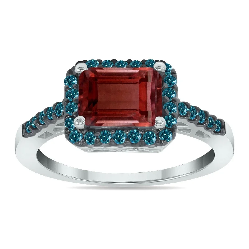 Marquee Jewels 2 1/2 Carat Emerald Cut Garnet and 1/3 CTW Blue Diamond Ring in 10K White Gold