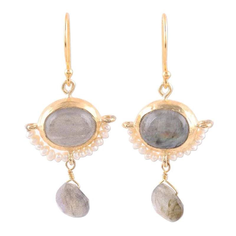 NOVICA Everlasting Allure, Gold plated cultured pearl and labradorite dangle earrings - 1.8L*0.8W