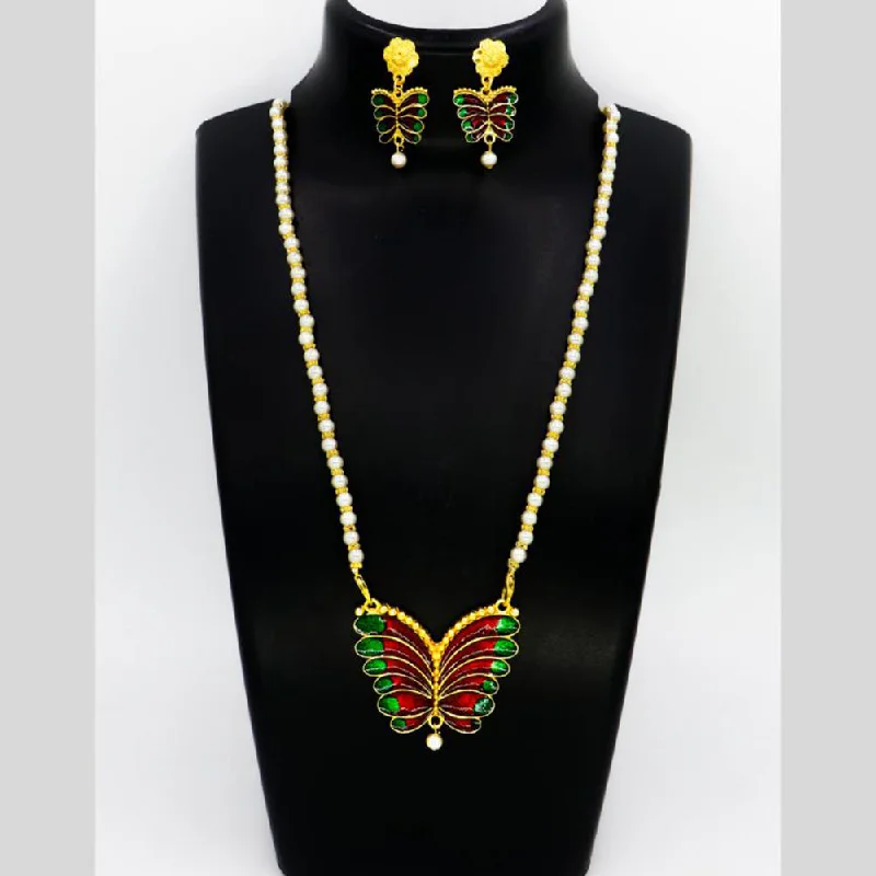 Mahavir Gold Plated Pearls And Meenakari Long Necklace Set