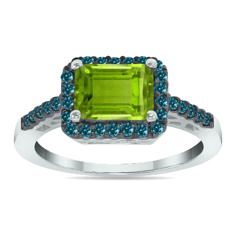 Marquee Jewels 2 1/2 Carat Emerald Cut Peridot and 1/3 CTW Blue Diamond Ring in 10K White Gold