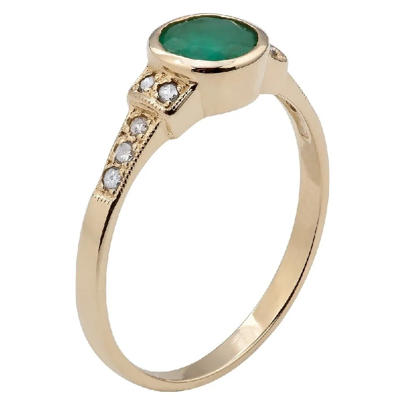 Viducci 10k Yellow Gold Vintage Style Genuine Emerald and Diamond Ring