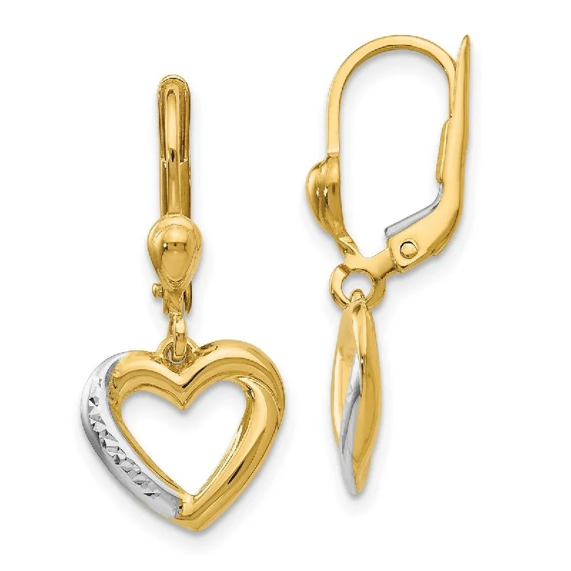 Curata 14k Yellow Gold and Rhodium Textured and Polished Heart Leverback Earrings (12mm x 26mm)