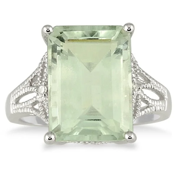 7 Carat Emerald Cut Green Amethyst and Diamond Ring in 10K White Gold