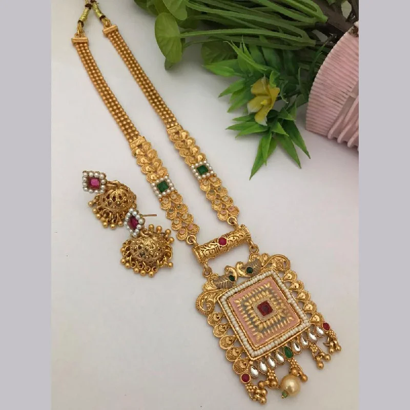 FS Collection Gold Plated Kundan Stone Long Necklace Set