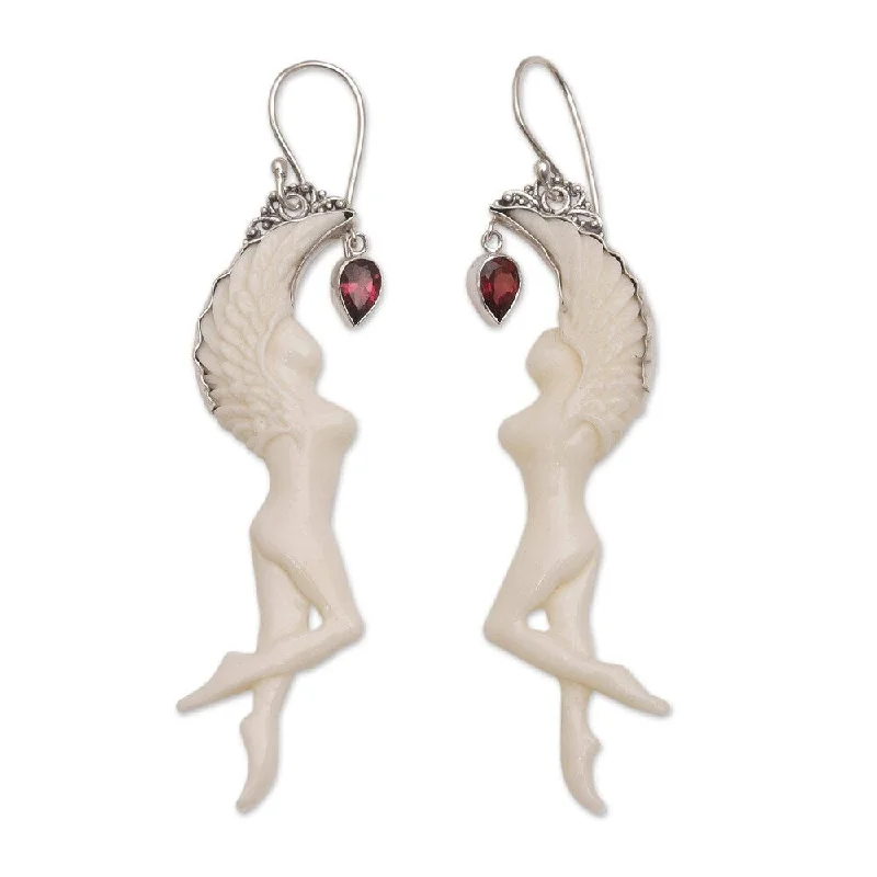 NOVICA Handmade Sterling Silver Bone Dancing Angels Garnet Earrings (Indonesia) - White - 2.8*0.7