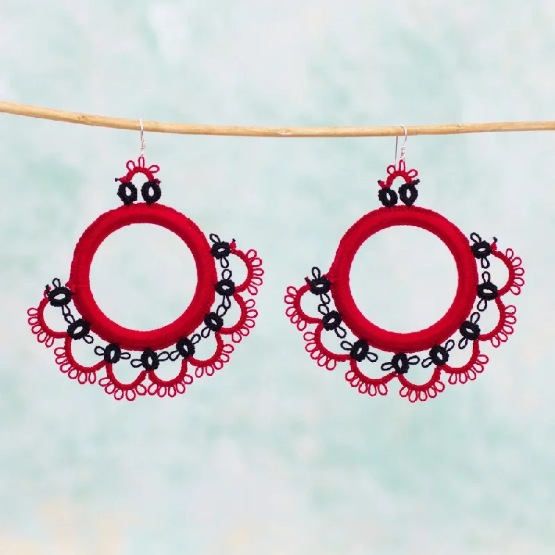 Handmade Cotton Sterling Silver 'Fanfare in Red' Earrings (Mexico) - Red