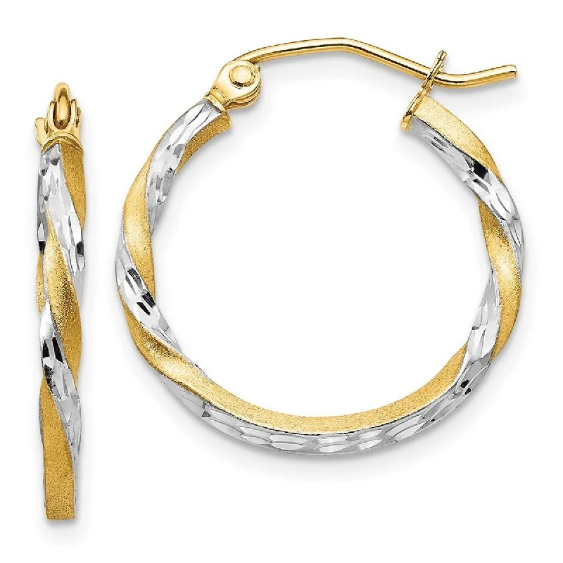 Curata 14k Yellow Gold and Rhodium Sparkle Cut 20x2mm Twisted Hoop Earrings