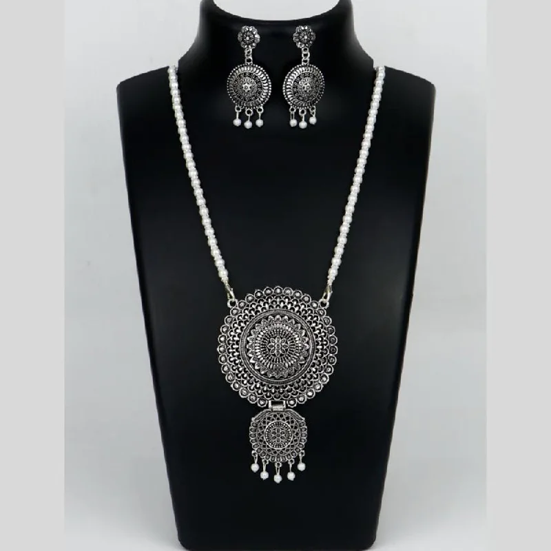 Mahavir Oxidised Plated Long Pearls Necklace Set